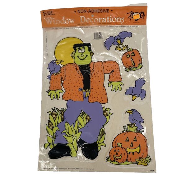VTG Classic Clings Halloween Window Decorations Frankenstein Jack O Lantern 1989 - Picture 1 of 11